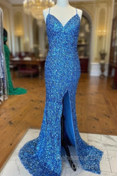 Sparkle Blue Sequin  Semi Formal Prom Dresses Iridescent Mermaid Long Formal Dresses Side Slit